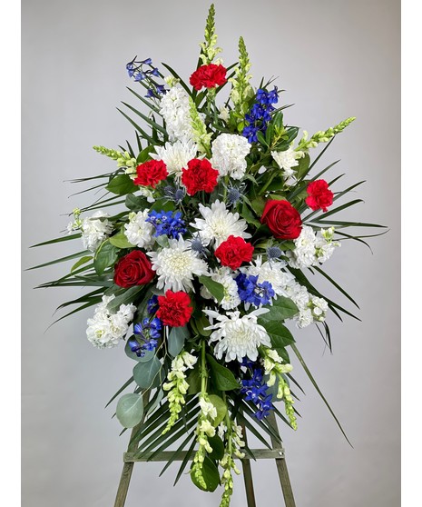 Red White and Blue Funeral Flowers Standing Spray